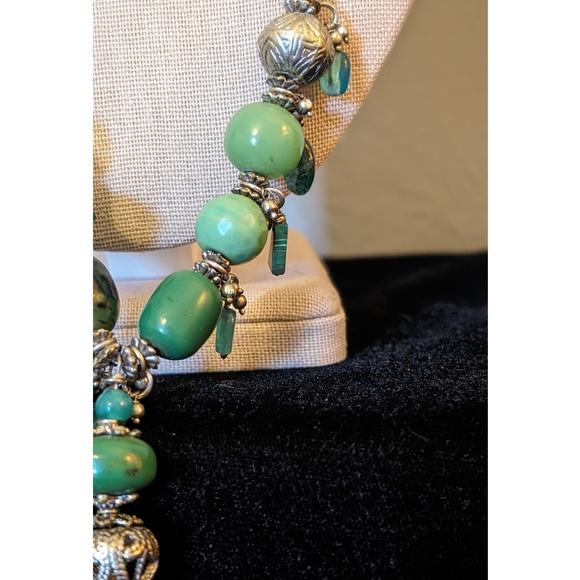 Green Multi-Shape and Color Beaded Silver Tone Tassel Necklace - Picture 5 of 11